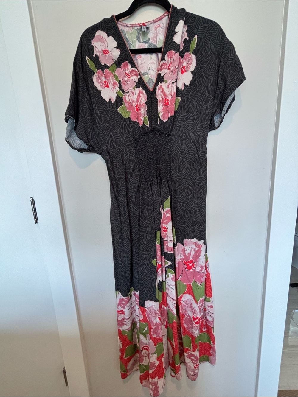 Black London Floral V-Neck Maxi Dress with Pink Bloom Details